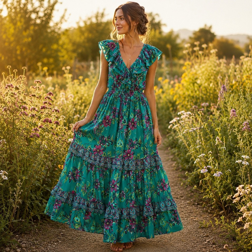 Sundance Londyn Dress M Floral Maxi Ruffle Open Back Cotton Boho Tiered India